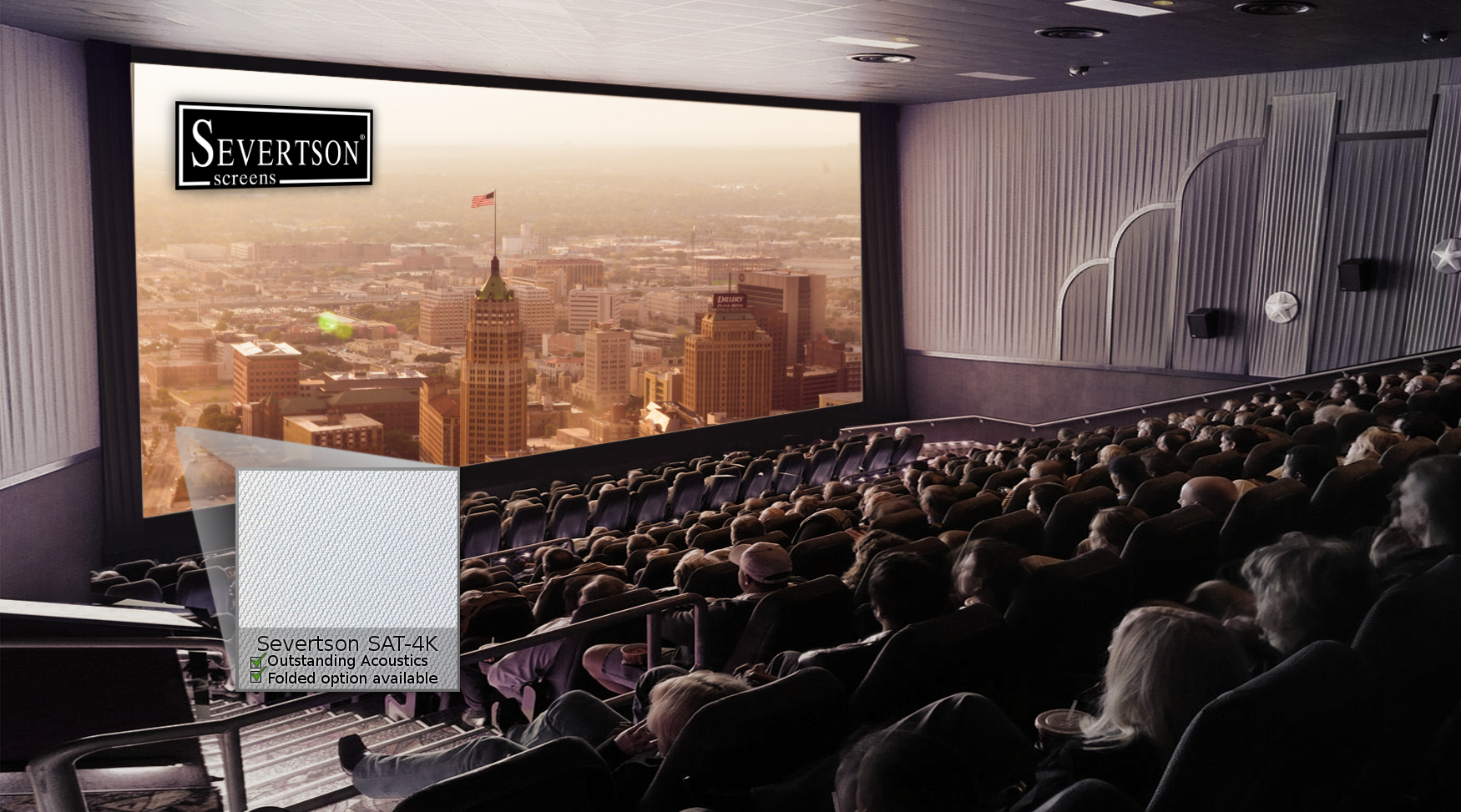 Severtson Screens' SAT-4K for cinema provides top-of-the-line acoustics and stunning, bright visuals.