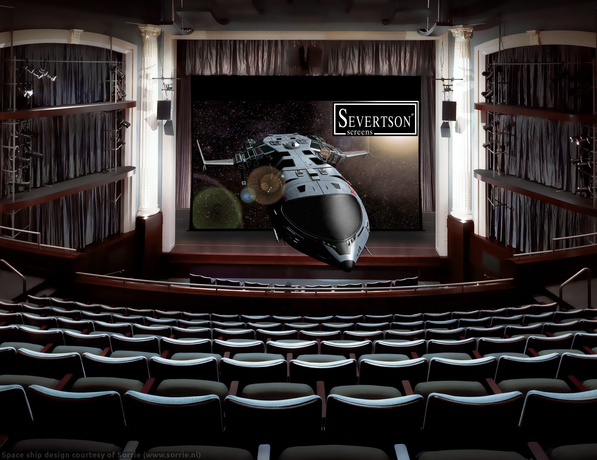 Severtson Screens' Giant Electric motorized screens with SeVision 3D GX coating are like a retractable cinema screen, perfect for any venue with a large stage.